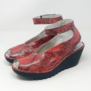 Fly London Yala Wedge Red Snakeskin Peeptoe Size 8